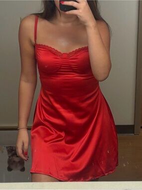 Red Satin Slip Dress with Lace Trim